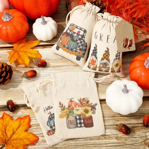 Vista 3 de Whaline 24 bolsas de arpillera de otoño de 4 x 6 pulgadas, gnomos a cuadros de búfalo, bolsas de calabaza con etiqueta de papel kraft de hoja