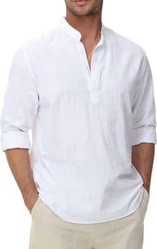 Vista 13 de Camisas de Algodón y Lino para Hombres Ligeras Casuales de Manga Larga Henley Playa Hawaianas Tops