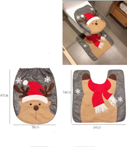 Vista 2 de Heshifeng party & accesories - Juego de funda para asiento de baño y alfombra de Navidad, hombre de nieve, Santa, reno, decoración navideña