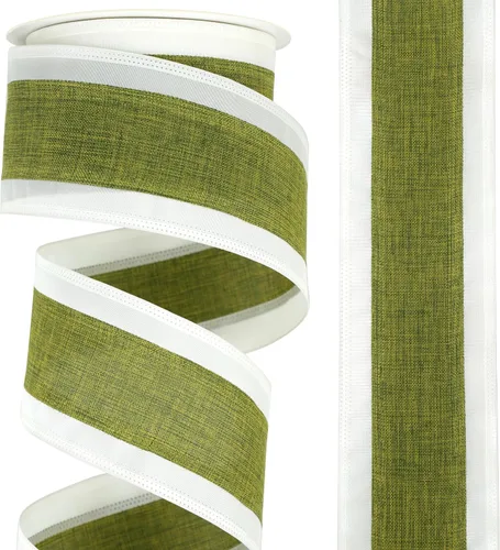 Vista 10 de Cinta Verde Musgo con Alambre de 2.5" Rayas Horizontales Verde Blanco Arpillera Cinta de Árbol de Navidad Cinta Verde Rústica con Alambre de Navidad