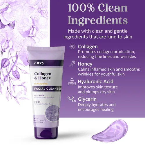 Vista 4 de Envy Limpiador facial con colágeno y miel, reduce las líneas finas, las arrugas y la hidratación, cuidado de la piel coreano limpio, libre
