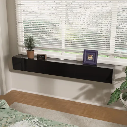 Vista 4 de FurniNova Soporte flotante para TV con 3 puertas, moderno mueble flotante para consola de TV con almacenamiento, estante flotante de madera Negro