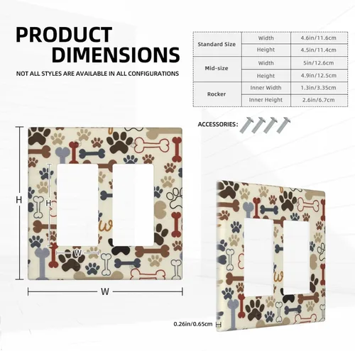 Vista 5 de Cubierta decorativa para interruptor de luz basculante doble con diseño de patas de perro, diseño de huellas de perro, placa frontal artística
