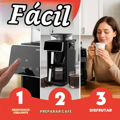 Vista 2 de Gourmia Cafetera de 10 tazas para moler y preparar - Molinillo de rebabas integrado, 3 fuerzas de preparación, pantalla digital programable, pausa