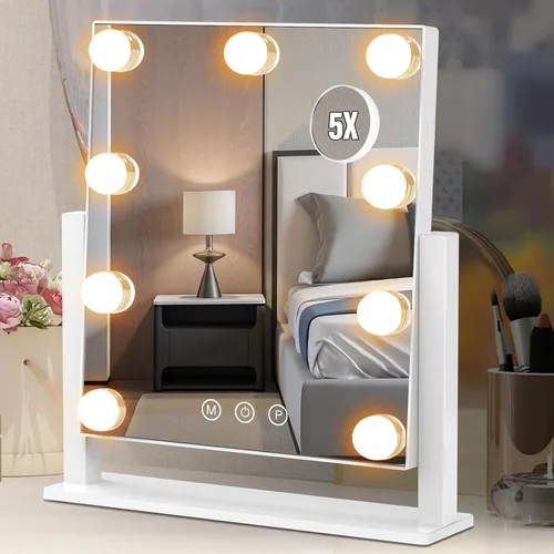 Vista 7 de Dirket Espejo de tocador con luces, espejo de maquillaje iluminado Hollywood con 3 modos de iluminación de color y 12 bombillas regulables, aumento