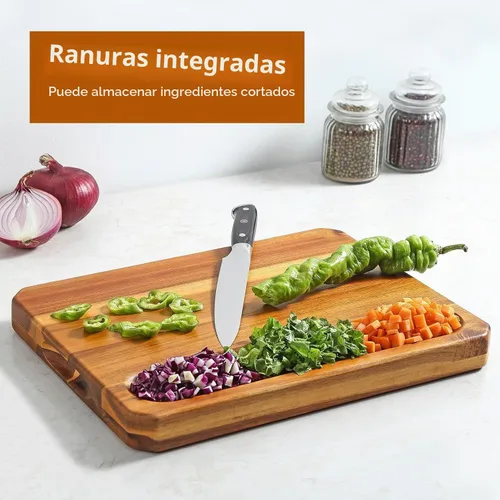 Vista 3 de Tabla de cortar grande de madera para cocina con asas para jugo, tabla de cortar, tabla de queso y tabla de embutidos (tabla de cortar rayada)