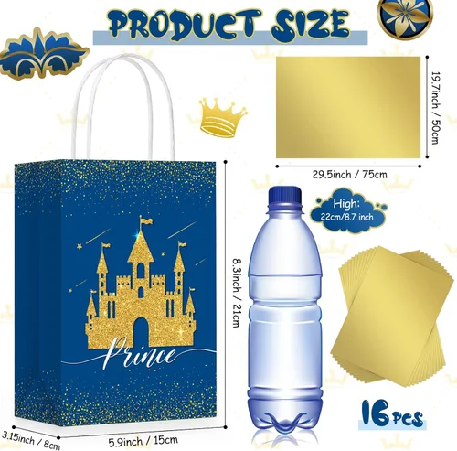Vista 2 de Nezyo 16 bolsas de recuerdo de fiesta de princesa príncipe con asas y papel de seda, bolsas de regalo para cumpleaños, baby shower, regalos