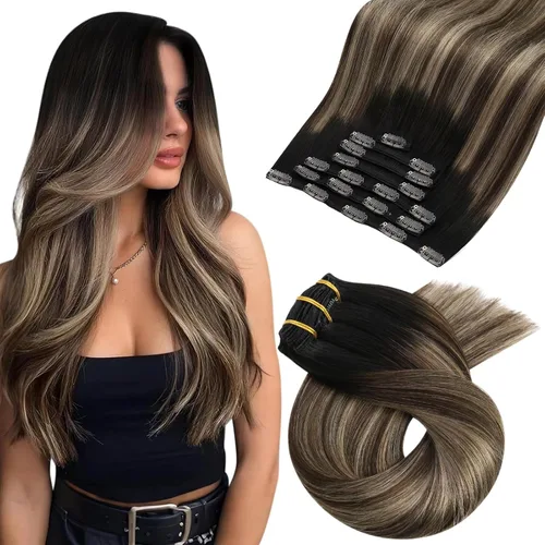 Vista 55 de Moresoo Extensiones de cabello humano con clip, balayage, color marrón oscuro a marrón dorado con clip, extensiones de cabello humano con clip, 5