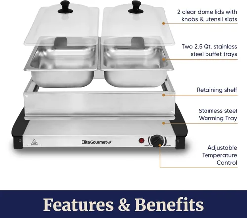 Vista 6 de Elite Gourmet EWM-6122 Bandejas dobles de 2 x 2.5 cuartos de galón, servidor de buffet, control de temperatura del calentador de alimentos, tapas