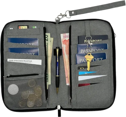 Vista 6 de Helgruenn Organizador de documentos de viaje familiar de 6 pasaportes de primera calidad con bloqueo RFID, Gris