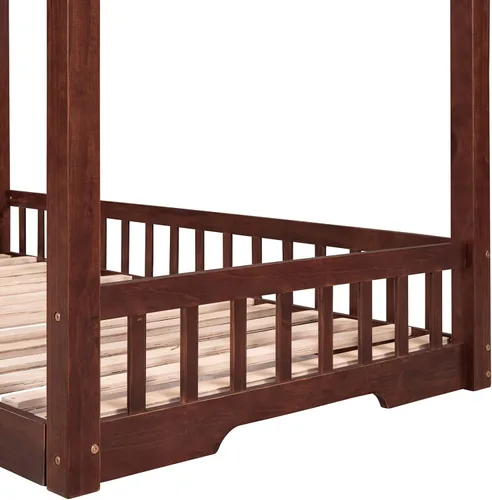 Vista 7 de Marco de cama de madera de tamaño individual con cama extragrande extensible, plataforma de suelo con techo y barandilla en forma de valla,