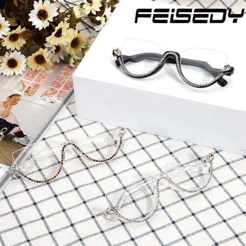 Vista 6 de FEISEDY Gafas de bloqueo de luz azul para mujer, gafas de ojo de gato con incrustaciones de diamante antifatiga ocular B2995