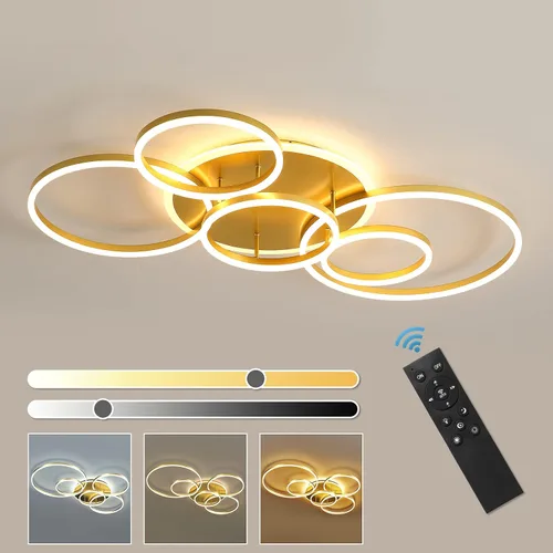 Vista 7 de Lámpara de techo LED moderna de 90W regulable con control remoto, 5 anillos, lámpara de techo empotrada, candelabro acrílico negro LED para sala