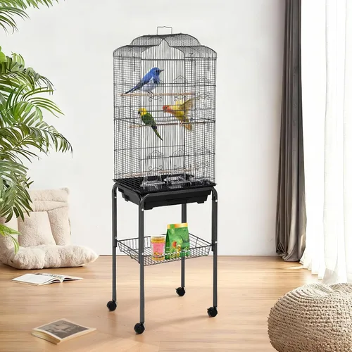 Vista 8 de Jaula grande de metal para pájaros de 60 pulgadas con soporte, jaula de loro rodante con estante de almacenamiento, bandeja deslizante, perca