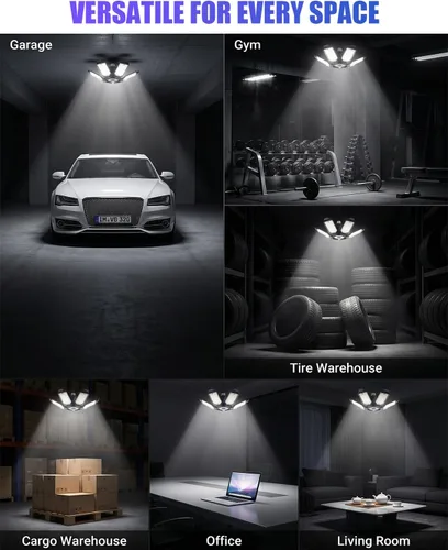 Vista 7 de Tudoccy Luces de garaje, paquete de 2 luces LED de techo de garaje de 34000 lúmenes, 6500 K, luz LED para tienda, 6 paneles ajustables, bombilla