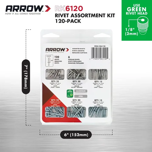Vista 3 de Arrow RK6120 - Kit surtido de remaches para metal, tela, cuero y reparación de automóviles, aluminio y acero, 18 pulgadas, paquete de 120