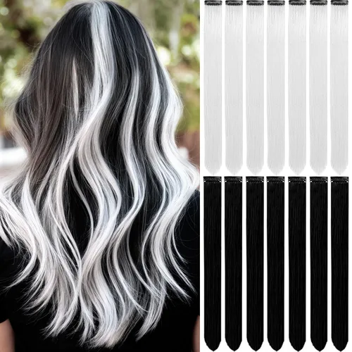 Vista 21 de 20 extensiones de cabello de colores, coloridas extensiones de cabello sintético con clip, extensiones de cabello sintético largo y lacio