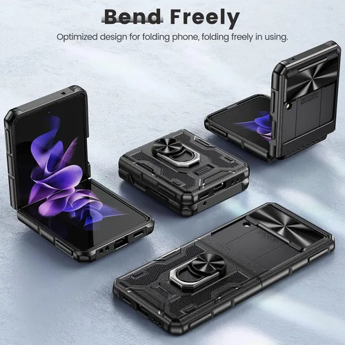 Vista 6 de Caka Funda para Samsung Galaxy Z Flip 3 con soporte, funda para cámara y protección de bisagra con soporte de anillo giratorio de 360° integrado
