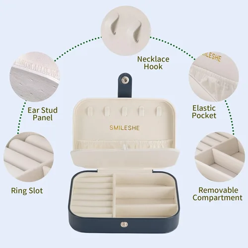 Vista 5 de Smileshe Joyero, estuche de viaje portátil pequeño de piel sintética, organizador de 2 capas, cajas de almacenamiento para anillos, aretes