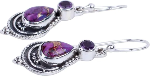 Vista 2 de NOVICA Aretes colgantes artesanales hechos a mano de amatista de plata con turquesa compuesta de ley reconstituida con piedra natal india púrpura