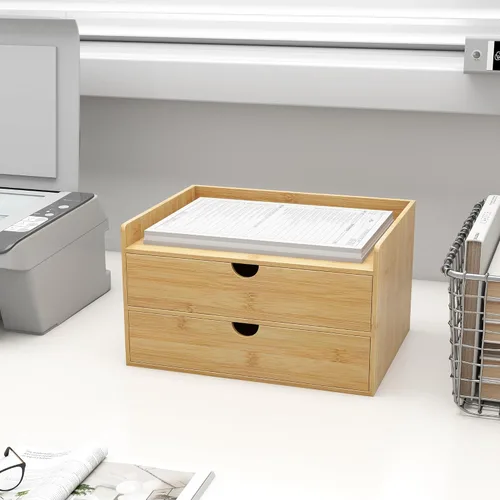 Vista 2 de Organizador de cajones de escritorio de bambú, organizador de escritorio grande con cajones, caja de organización de almacenamiento de mesa para 2