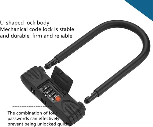 Vista 6 de Cerradura en U para bicicleta resistente, cerradura de bicicleta con contraseña de combinación de 4 dígitos con grillete de bloqueo en U