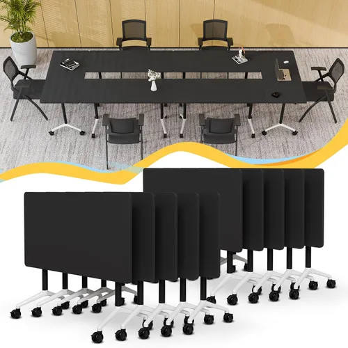 Vista 56 de Mesa de conferencias plegable con ruedas, mesa modular para sala de conferencias con 2 ojales para cables, mesas móviles de sala de reuniones