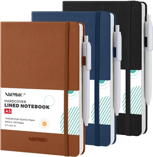 Vista 8 de Paquete de 3 cuadernos rayados con bolígrafo, cuadernos A5 (5.7 x 8.4 pulgadas) de tapa dura de cuero para mujeres y hombres, trabajo, 160 páginas