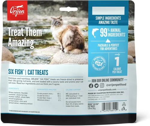 Vista 2 de ORIJEN Golosinas para gatos liofilizadas sin granos con alto contenido de proteínas, ingredientes animales crudos Seis pescados 1.25oz Bolsa