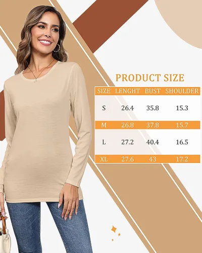Vista 7 de 2 camisetas de manga larga para mujer, cuello redondo, ajustadas, básicas, blusas