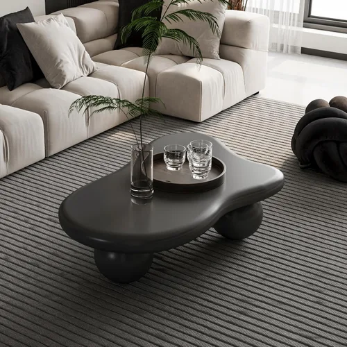 Vista 4 de Mesa de centro negra de 40 pulgadas, moderna mesa de centro baja de piedra sintética, con 3 patas de bola, mesas de té irregulares para sala