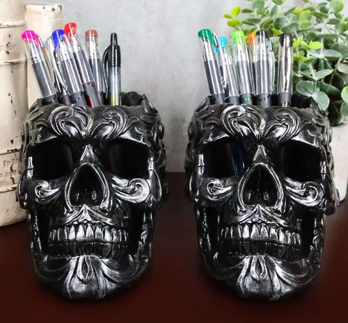 Vista 6 de Ebros Gift Juego de 2 figuras tribales de tatuaje floral para bolígrafo, 5.75 pulgadas de largo, para oficina, osario, decoración de cráneo, cabeza