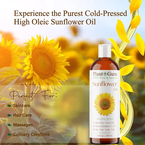 Vista 3 de Plant Guru Aceite de girasol 16 fl oz – prensado en frío, 100% puro y natural portador para piel, cara, cuerpo, cabello y cocina. Ideal para cremas