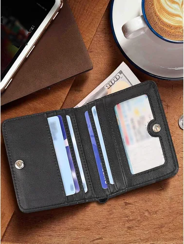 Vista 2 de Billetera para mujer, con bloqueo Rfid, pequeña, compacta, plegable, de lujo, de cuero, con bolsillo para mujer, minivestido con ventana de Verde