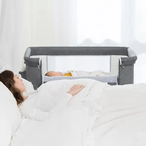 Vista 3 de Ihoming Moisés para bebé, cuna lateral con cesta de almacenamiento, cuna plegable fácil, cama ajustable para bebé recién nacido, gris