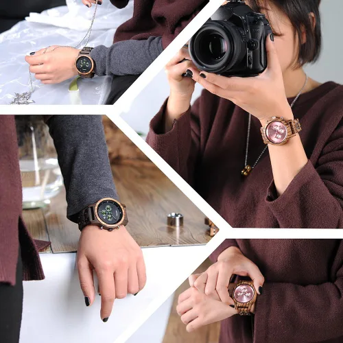 Vista 7 de BOBO BIRD Relojes de madera para mujer, correa de metal de madera de lujo, cronógrafo y visualización de fecha, reloj de cuarzo, moda de cebra