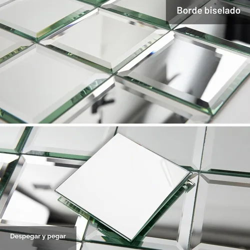 Vista 4 de Diflart 32 azulejos de espejo para despegar y pegar, plateado, 3 x 3 pulgadas, espejo biselado cuadrado para cocina, azulejos de pared