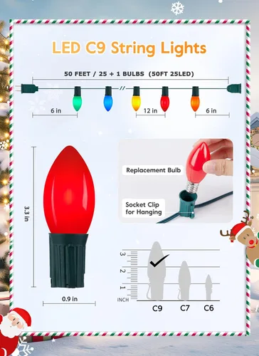 Vista 3 de Luces LED de Navidad vintage C9 para exteriores, cadena de 50 pies con 25 bombillas inastillables, impermeables, conectables, luces de árbol