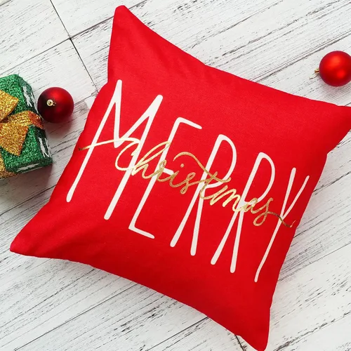 Vista 3 de ONWAY Funda de almohada de Navidad de 16 x 16 pulgadas, funda de almohada lumbar con texto en inglés "Merry Christmas", color rojo dorado