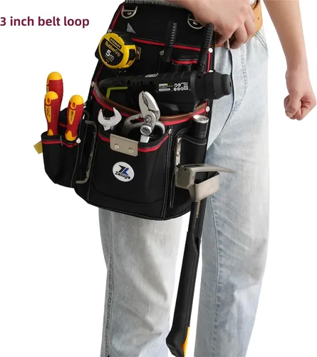 Vista 6 de Zeluga 20-539 - Bolsa de herramientas profesional resistente con soporte para martillo y clip de cinta Nylon balístico 1680D + cuero genuino