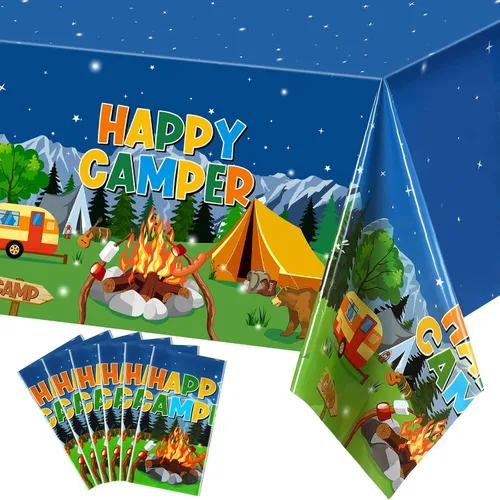 Vista 9 de Tegeme Mantel de plástico con temática de fogata y bosque, 1 pieza, para campamento, fiesta, suministros de decoración