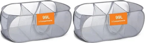 Vista 13 de Cestas de lavandería plegables, cesto de lavandería de malla plegable, cesta de lavandería emergente duradera, 2 cestos para ropa con compartimentos