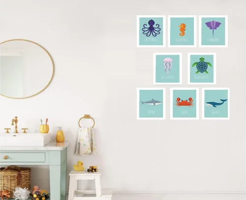 Vista 3 de Tarjetas de pared de animales del océano, decoración náutica de cuarto de bebé, arte marino educativo para niños, regalo para niños, juego de 8