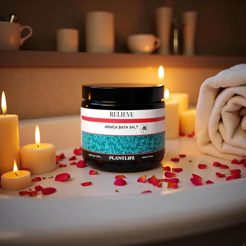 Vista 3 de Plantlife Arnica Relieve Sales de baño minerales – Fabricado con árnica y aceites esenciales 100% puros – Los productos Relieve son una solución