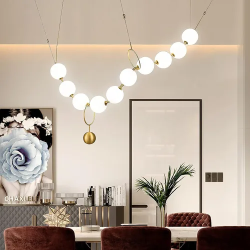 Vista 2 de Postmodern - Collar de perlas con bola de cristal, 10 luces; lámpara de araña de burbujas de bola de vidrio blanco leche, luz LED ajustable