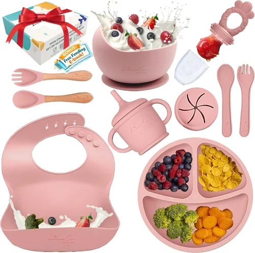Vista 10 de Juego de alimentación de silicona para bebés, 10 suministros de destete LED para bebés, platos para bebés sin BPA con platos y cuencos para niños