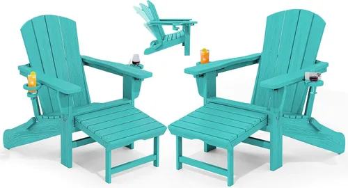 Vista 24 de KINGYES Silla Adirondack plegable ajustable con otomana y 2 portavasos, silla reclinable Adirondack HDPE con reposapiés, Aruba