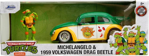 Vista 2 de Jada Teenage Mutant Ninja Turtles 1:24 1959 Volkswagen Drag Beetle - Coche fundido a presión y figura de Miguel Ángel de 2.75 pulgadas, juguetes