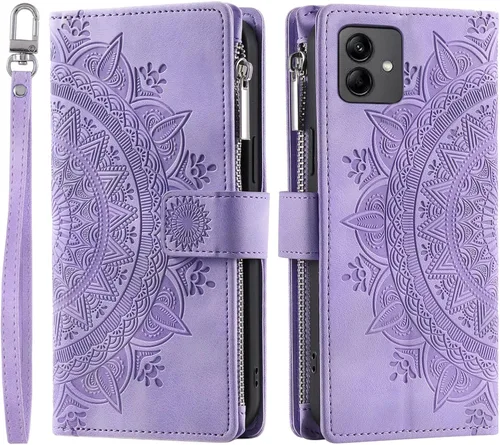 Vista 5 de Asuwish Funda de teléfono para Samsung Galaxy A04e con protector de pantalla de vidrio templado y correa para la muñeca Mandala Flower de cuero