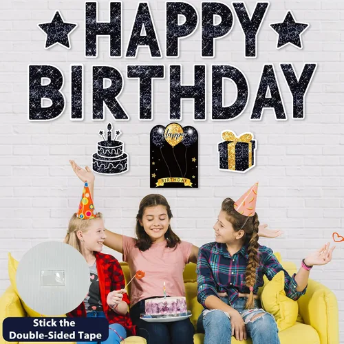 Vista 6 de Letrero de feliz cumpleaños con estacas, 18 piezas de letrero negro de feliz cumpleaños con luz LED de 49.2 pies, letrero grande personalizado
